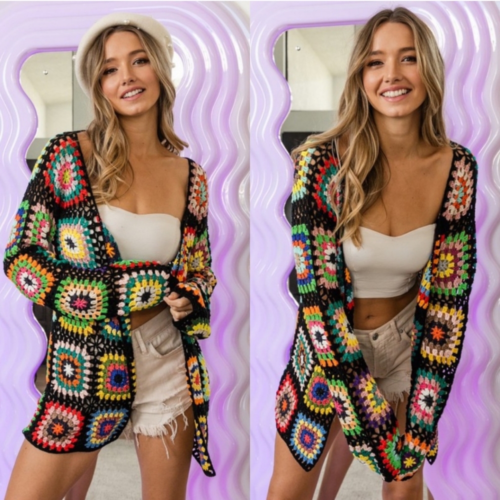 BiBi Granny Square Crochet Cardigan, Size M